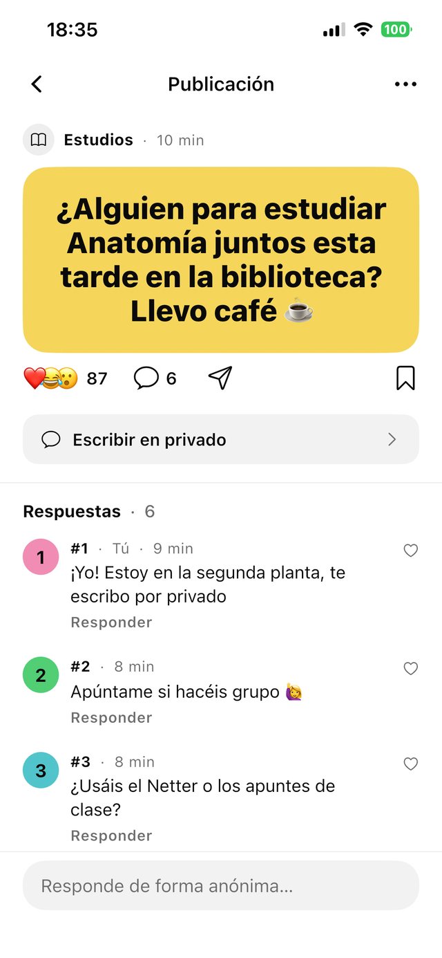 Una publicación con sus respuestas y el botón Escribir en privado